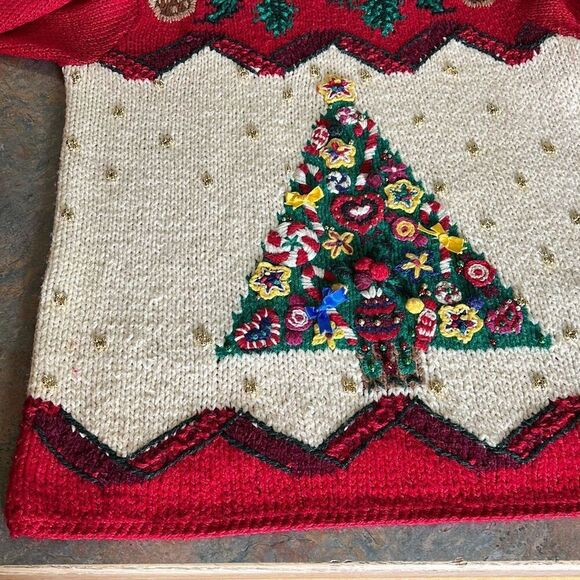 Vintage Adrian Delafield Christmas Tree Sweater Embellishments Gold beads Bulky - Picture 10 of 12